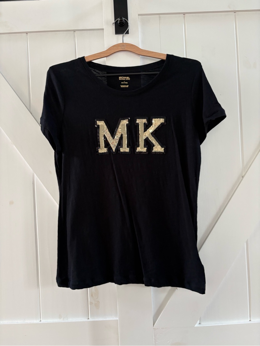 Michael Kors Gold Sequin Logo MK Black Tee